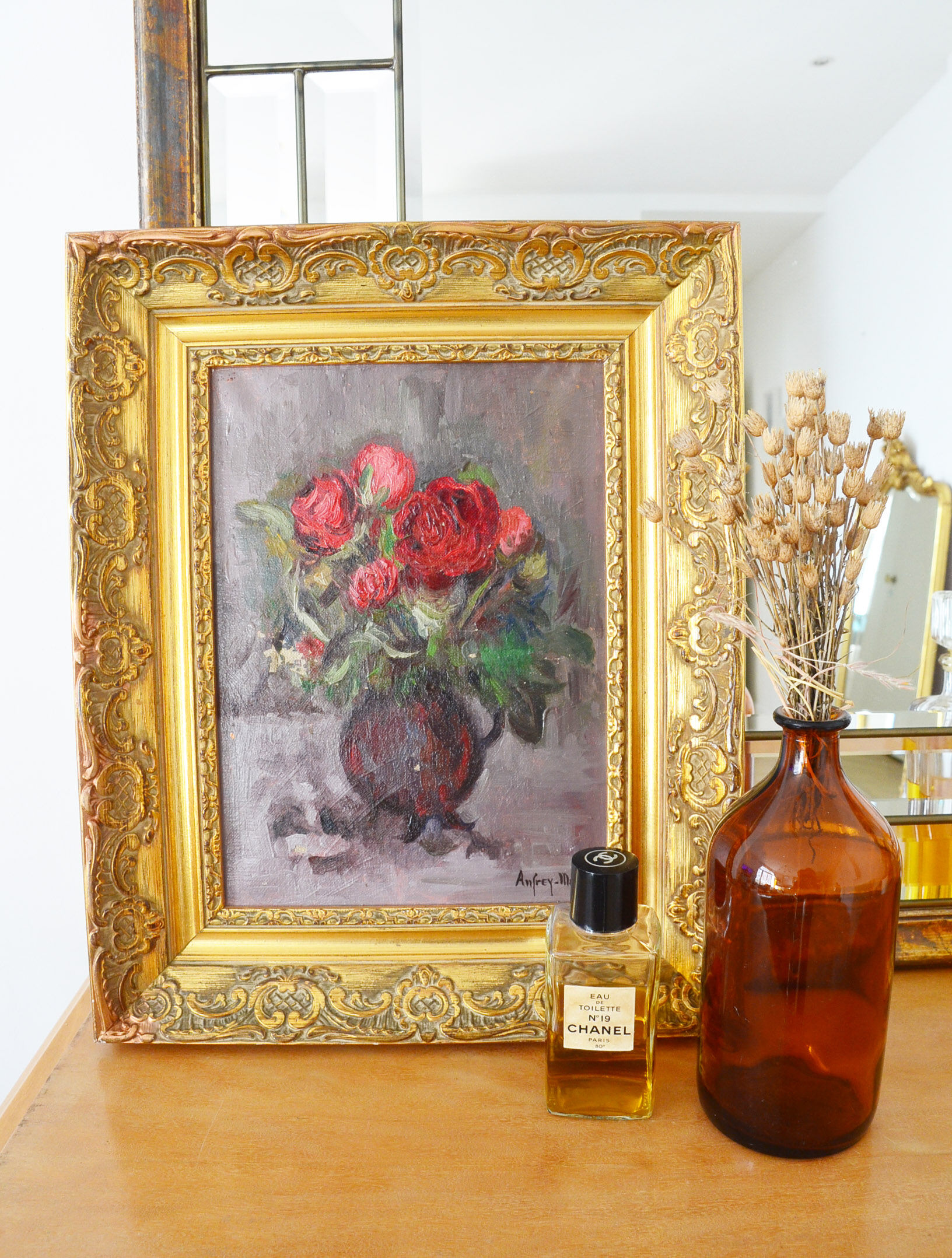 Oil on still-life canvas bouquet of flowers by Anfrey-Monin