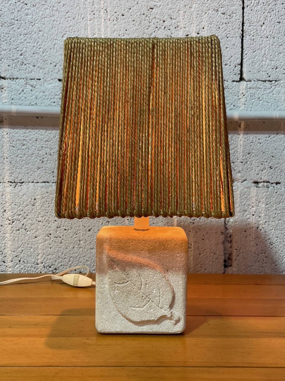 Vintage stone lamp with a cord lampshade from the 1970s.