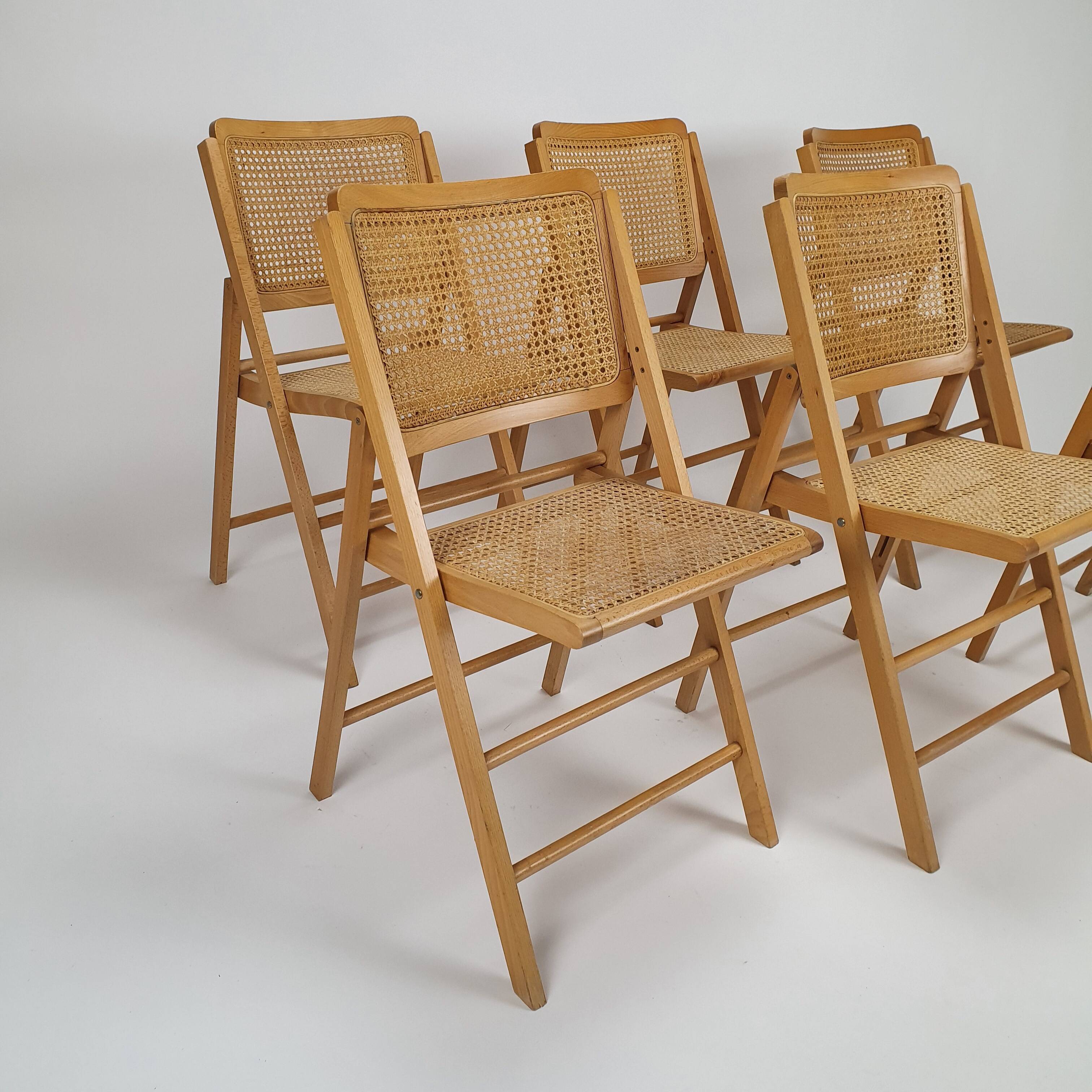 Set of 6 vintage birch and cane folding chairs, 1970s