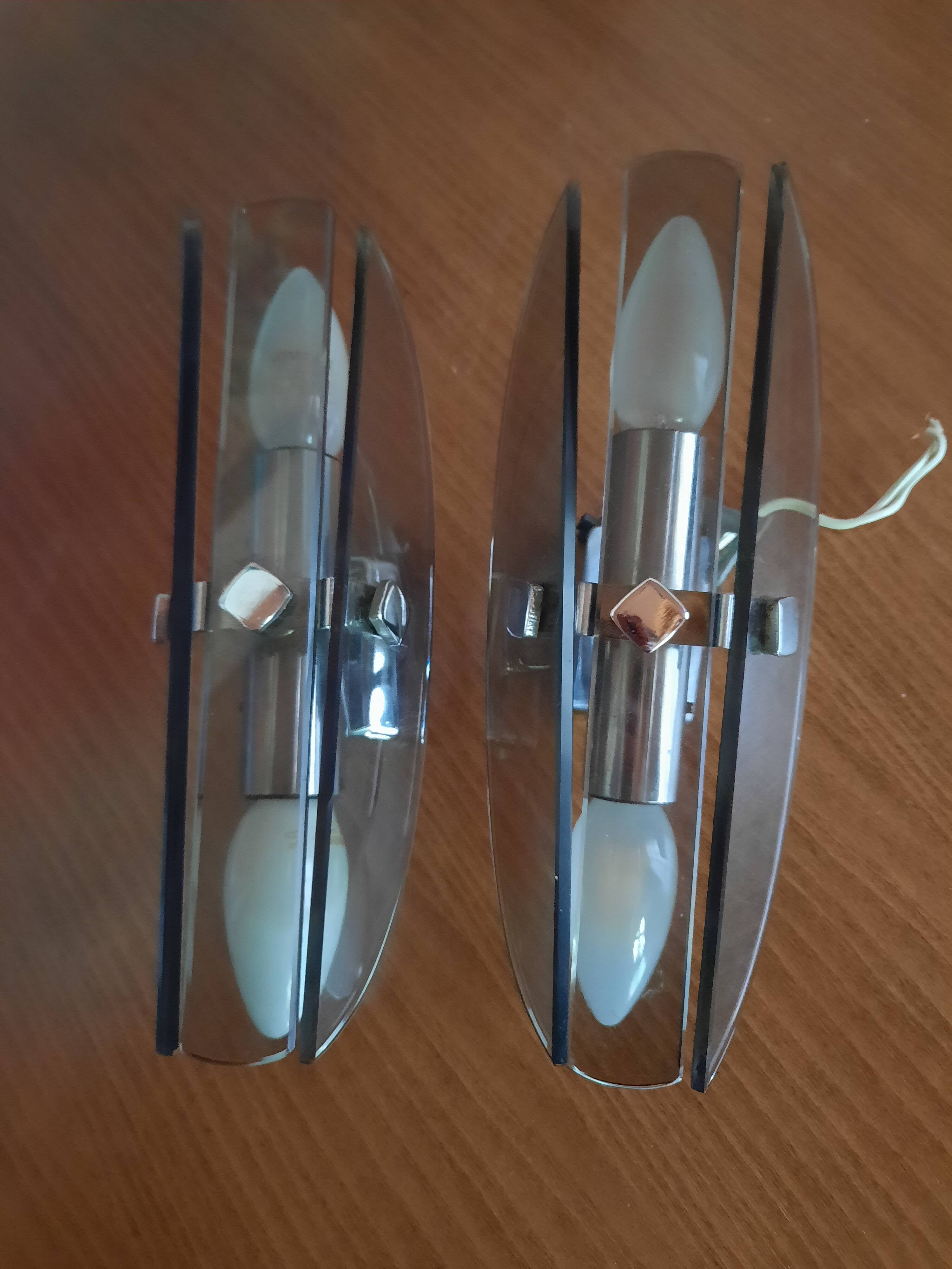 Pair of smoked glass and chrome wall lights