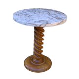 Vintage pedestal table turned wood and marble 1950
