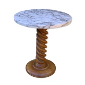 Vintage pedestal table turned wood and marble 1950