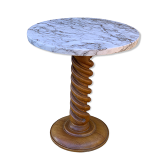 Vintage pedestal table turned wood and marble 1950