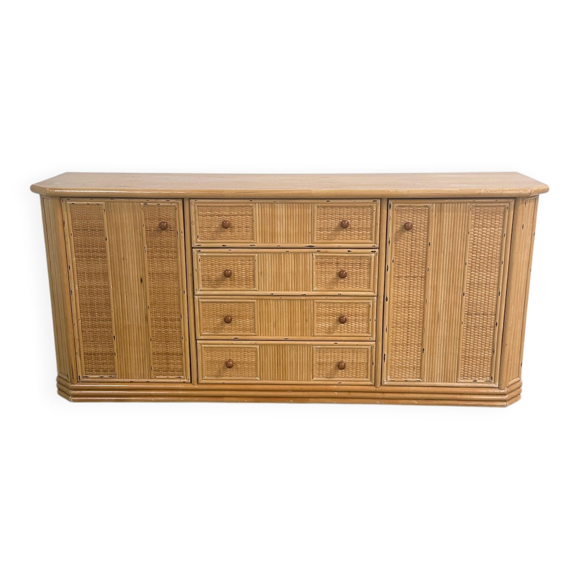 Large coastal rattan and bamboo sideboard credenza, 1980s