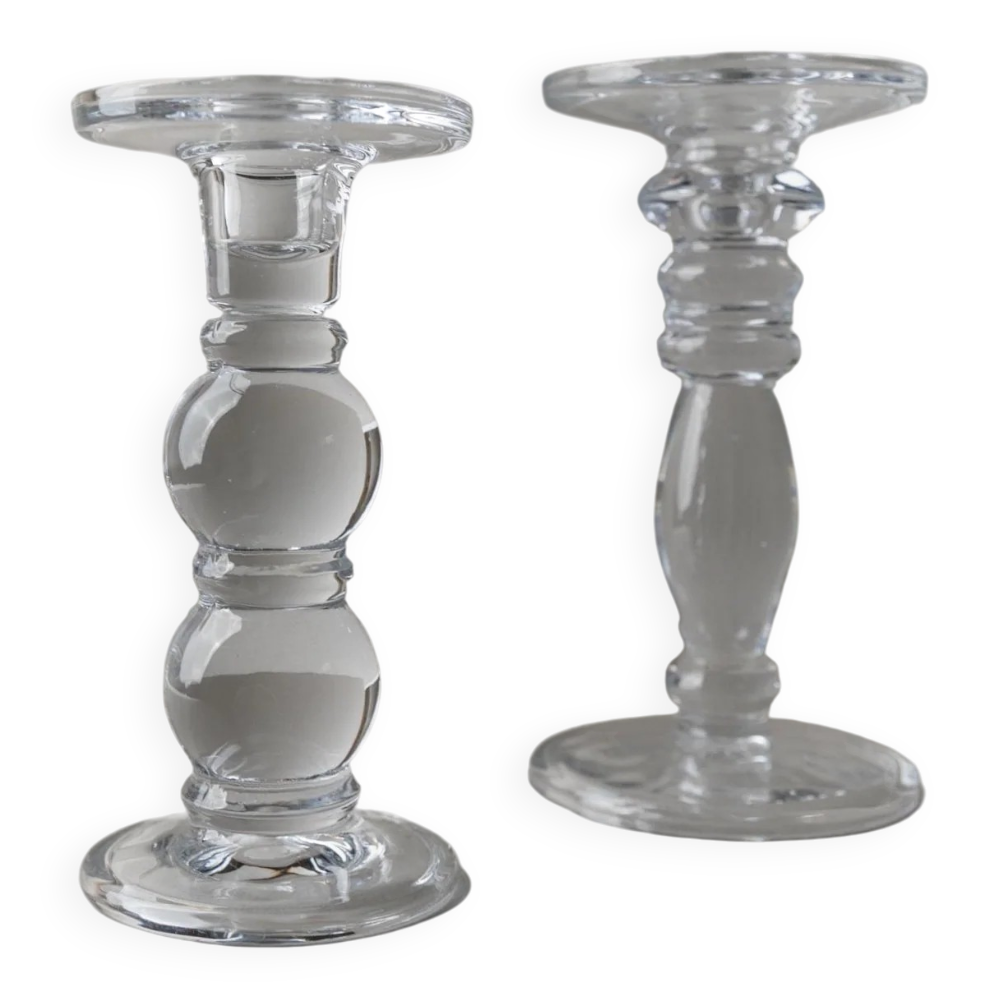Two Clear Glass Candle Holders, 1990s Italy - Simple Timeless Ball Design, Retro Table Decor Gift