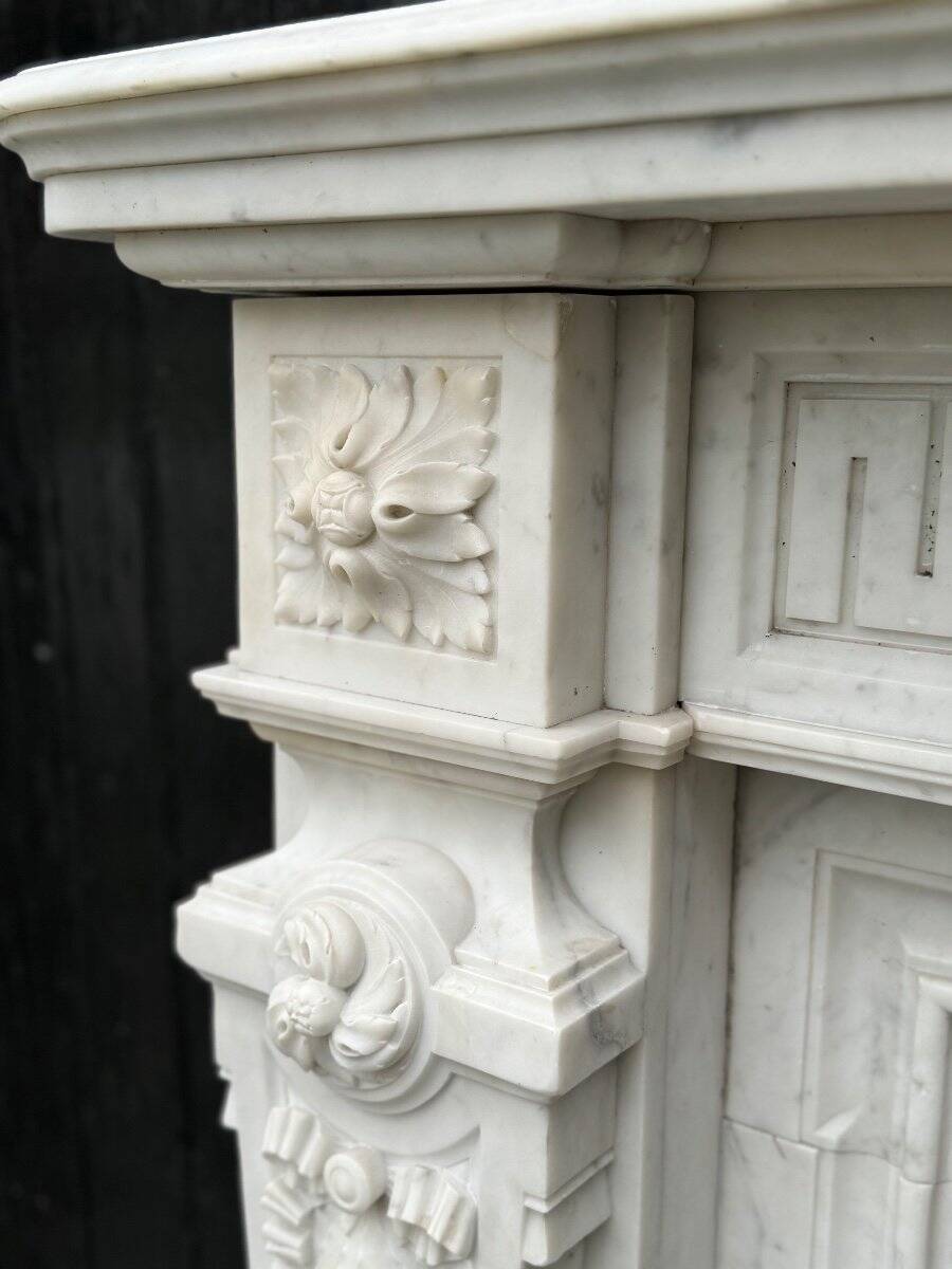 Louis XVI Style Fireplace in White Carrara Marble Circa 1880