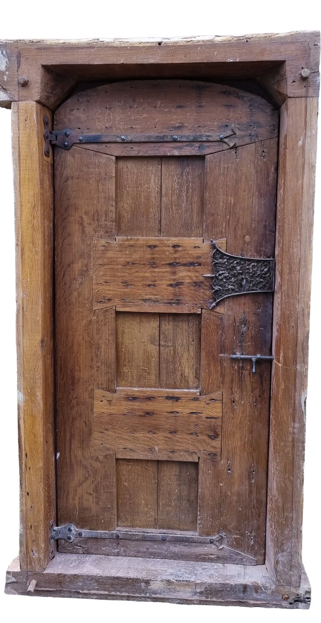 Antique oak door with frame and pierced wrought-iron lock – 16th–17th c.