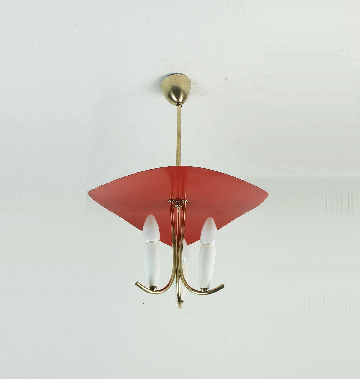 1950s mid century 3-light pendant brass metal plastic stilnovo era