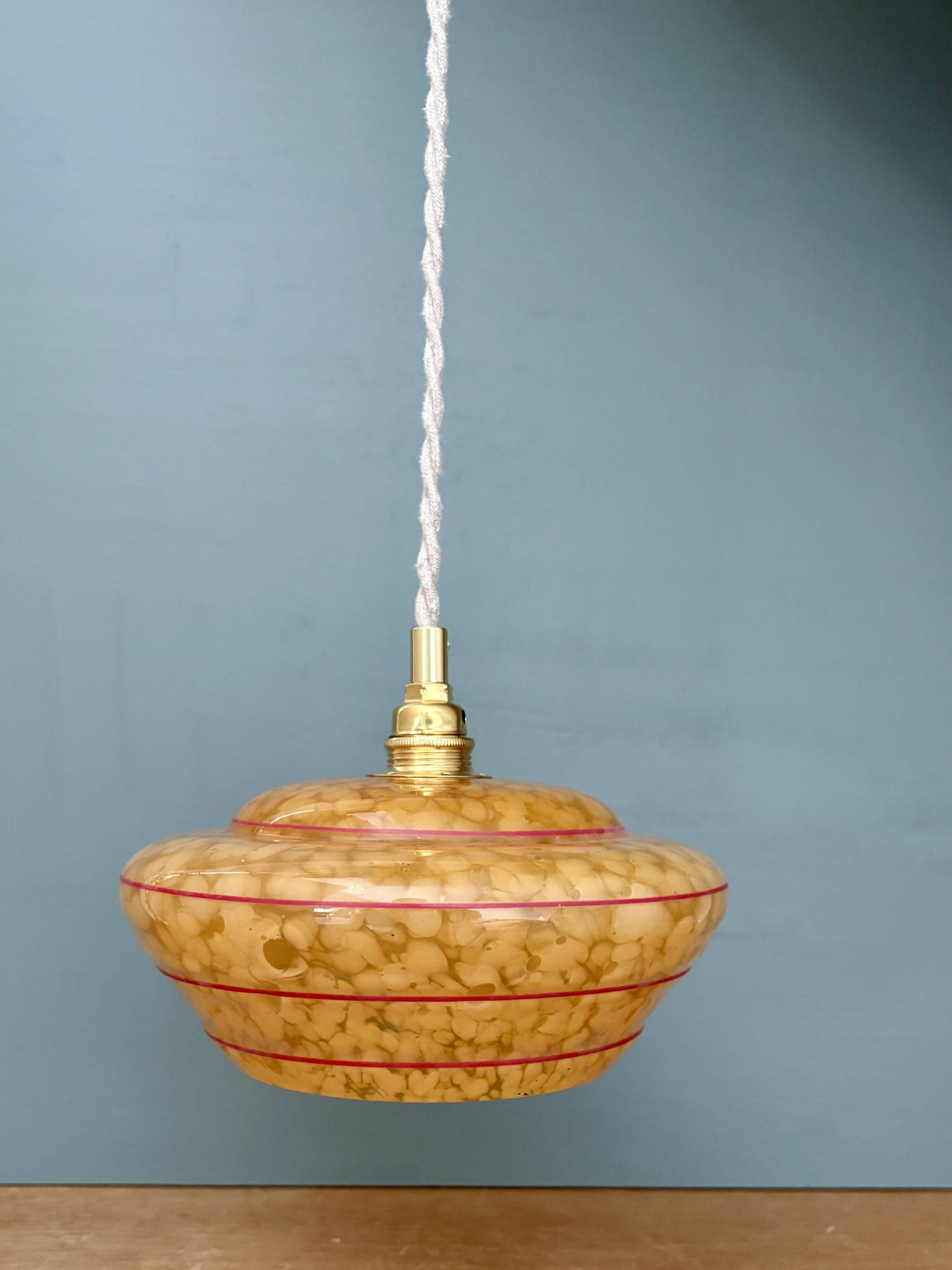 Vintage pendant lamp shade in yellow Clichy glass with red trim