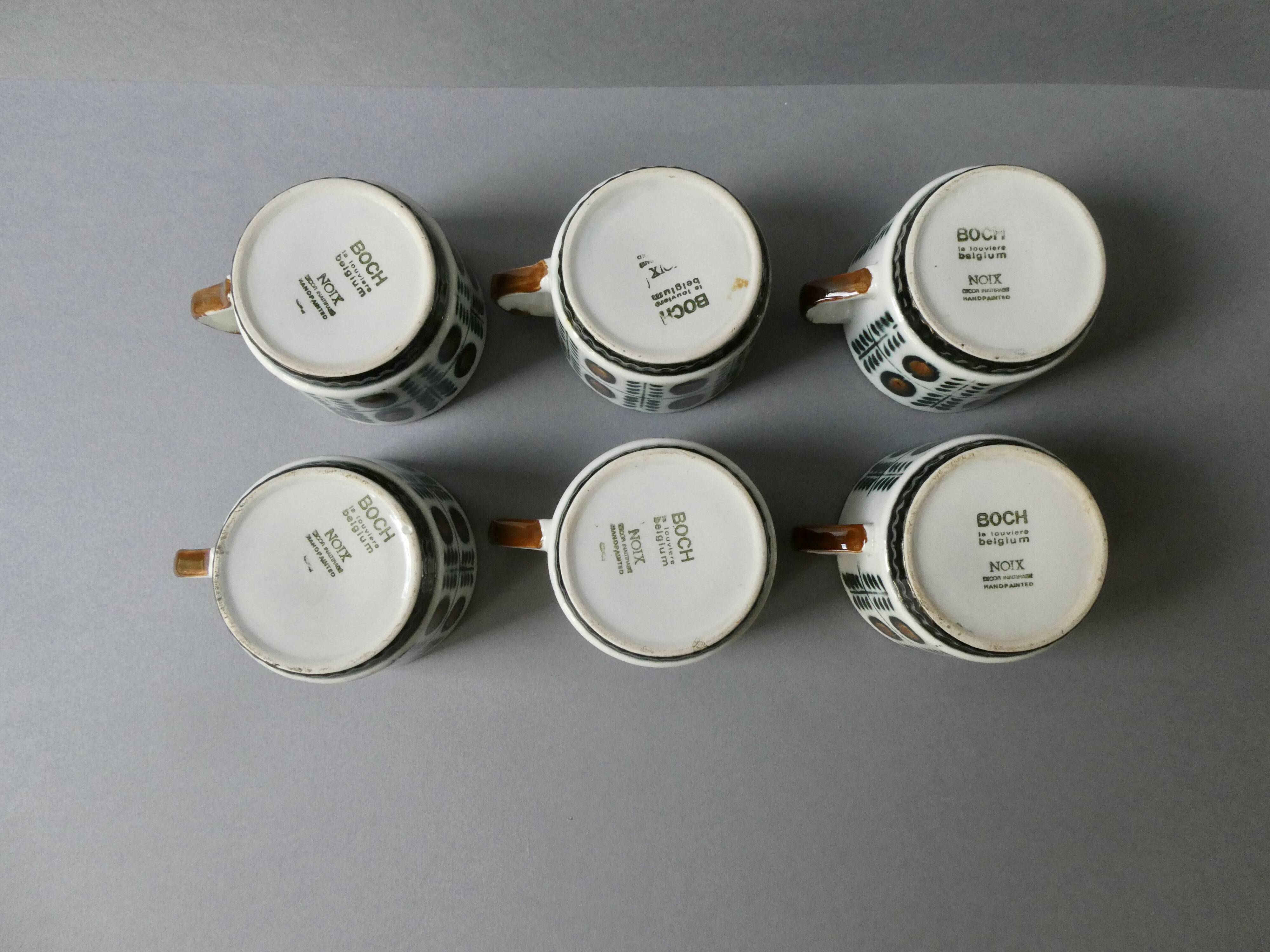6 Boch La Louvière coffee cups, walnut decor, 1960s