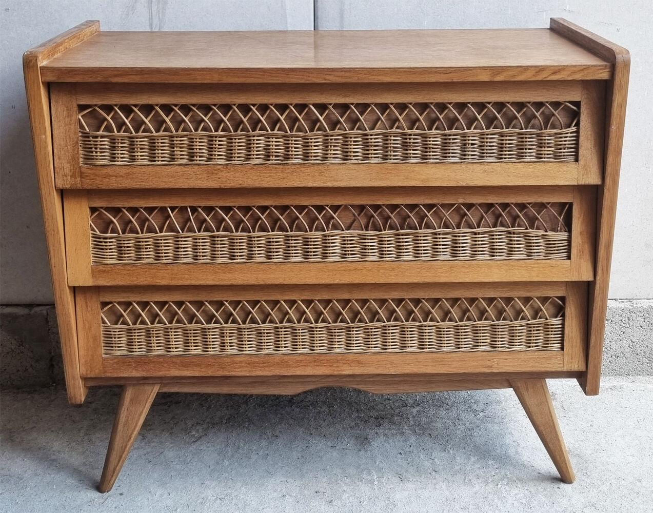 Wood chest of drawers and rattan cross, vintage, 60s