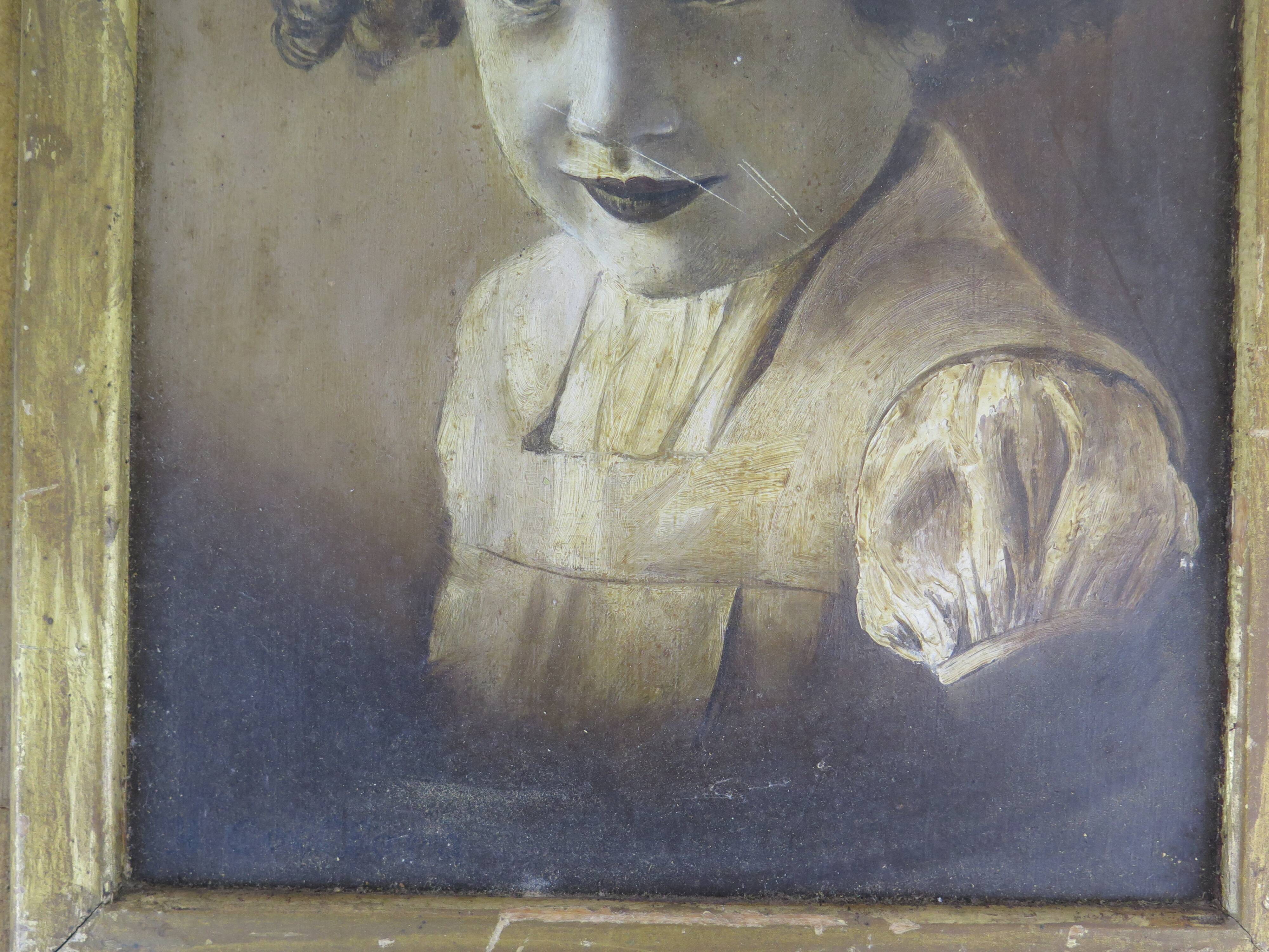 Antique oil painting portrait young lady oil on panel with gilded frame