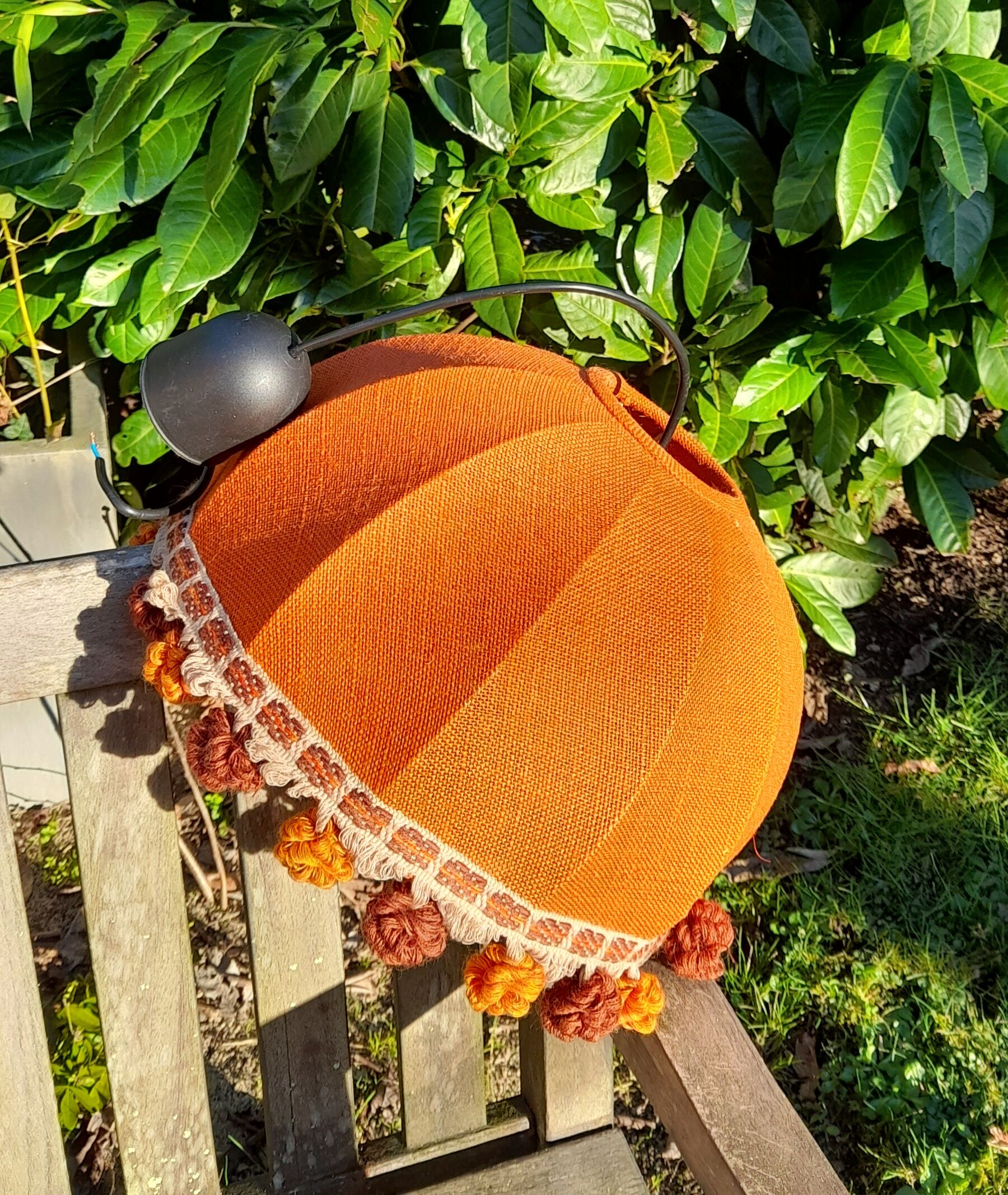 Suspension lampshade dome orange jute, brown pompoms, seventies