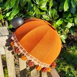 Suspension lampshade dome orange jute, brown pompoms, seventies