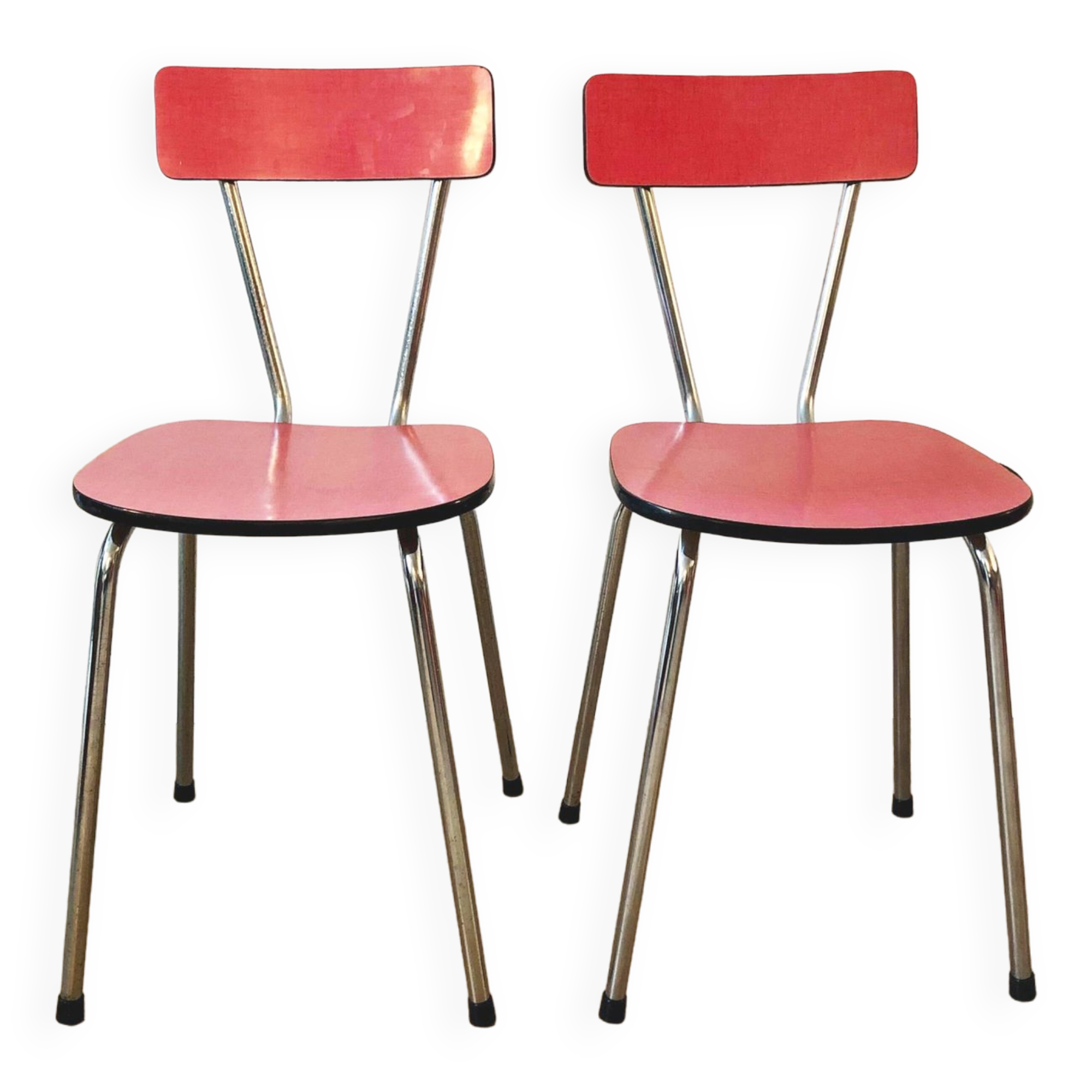 Duo of red formica chairs