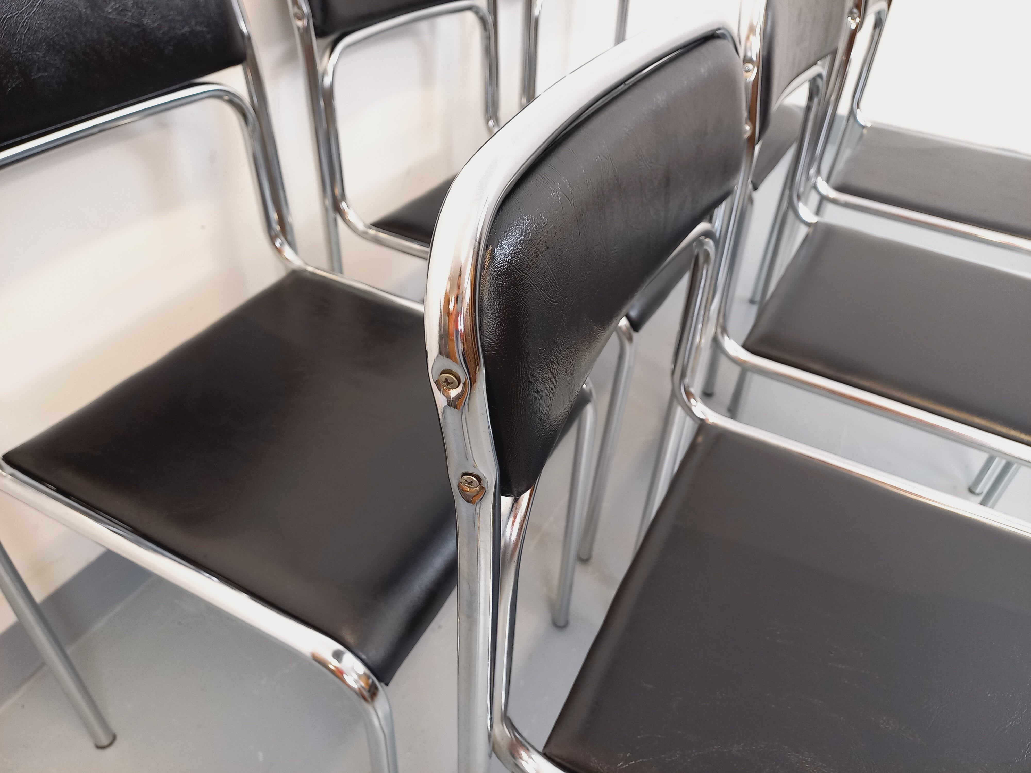 Set of 6 vintage Italian stackable chairs in chrome metal and skai.