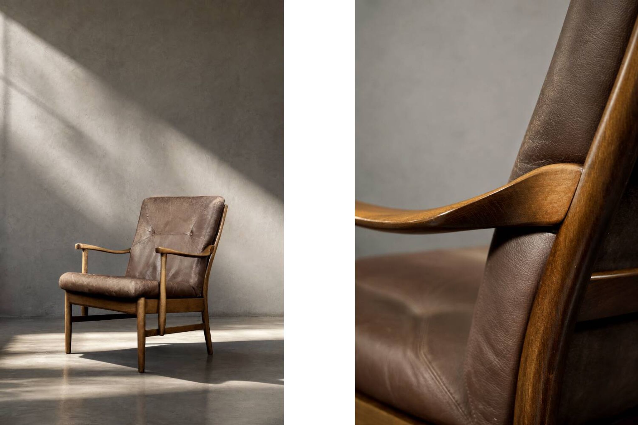 Fauteuil vintage en hêtre et cuir marron du milieu du siècle de Farstrup Møbler