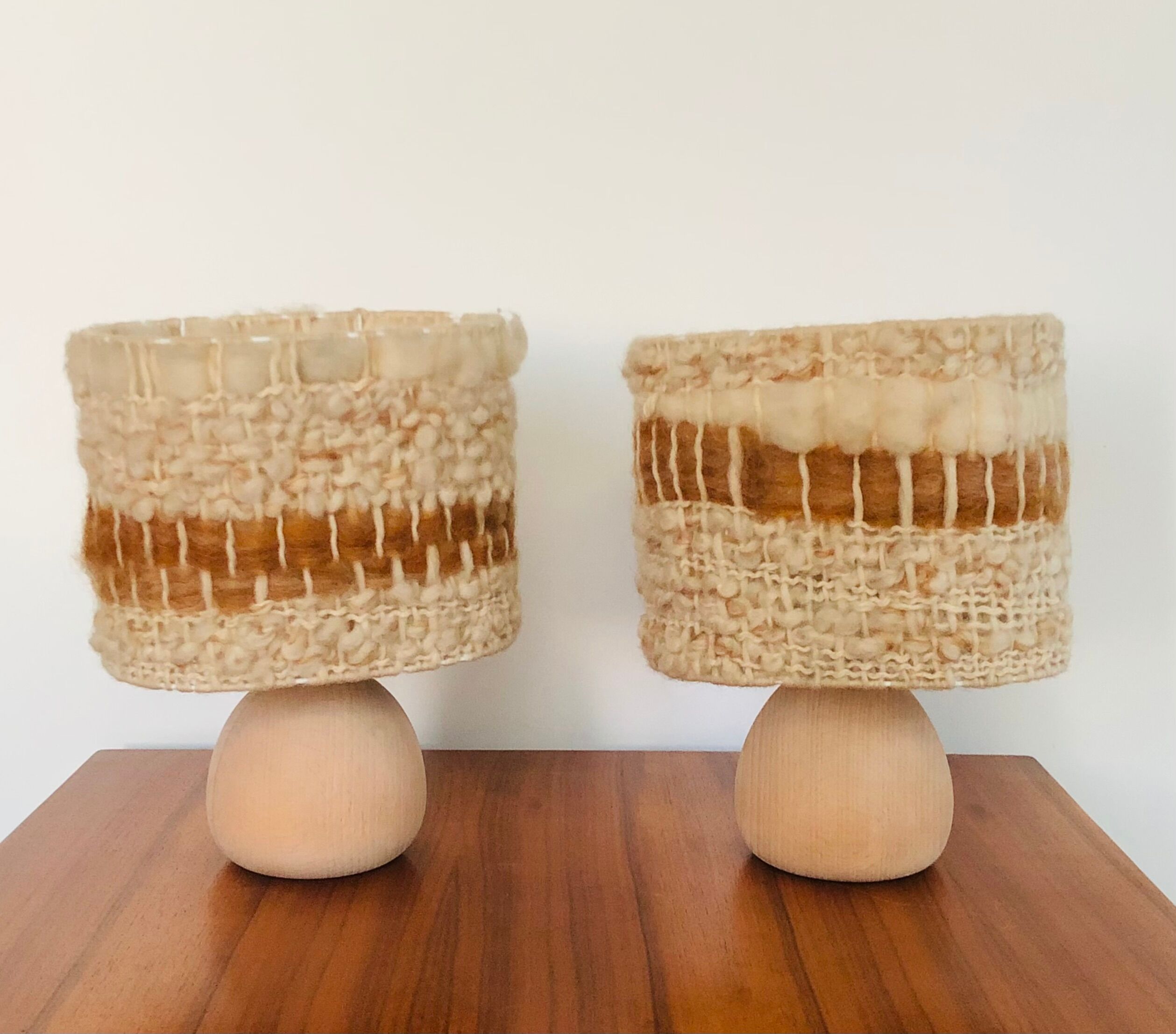 Vintage table lamps wood and wool, France 60s