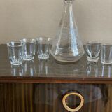 Lot decanter 3 vintage bucket glasses + 2 mismatched glasses