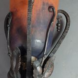 Daum, lampe de table art-déco fer forgé tulipe verre signée sb