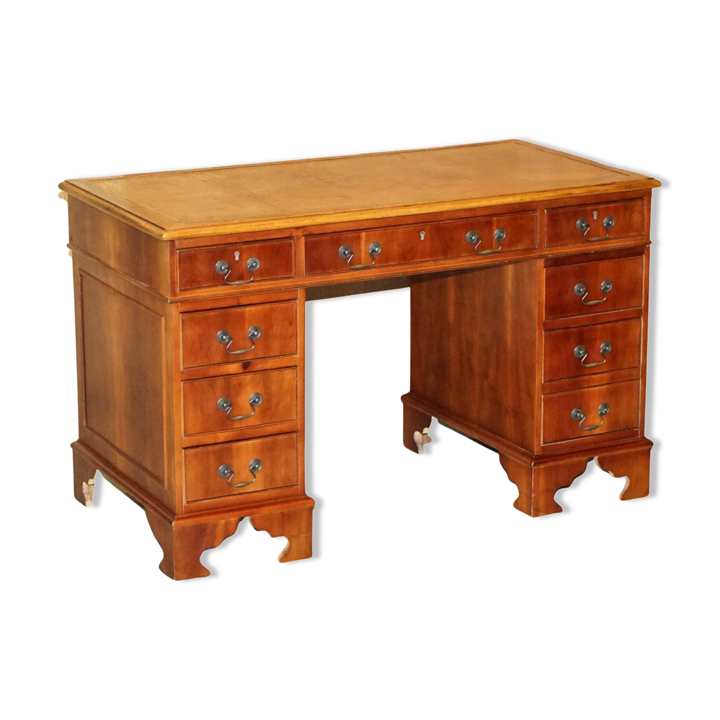 Vintage walnut desk with a leather top and two drawers.