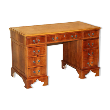 Bureau vintage en noyer avec plateau en cuir et deux caissons