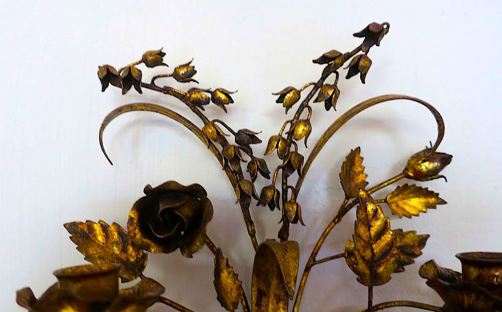 Pair of gold plated wall double candleholders with roses by Hans Kögl, 1960