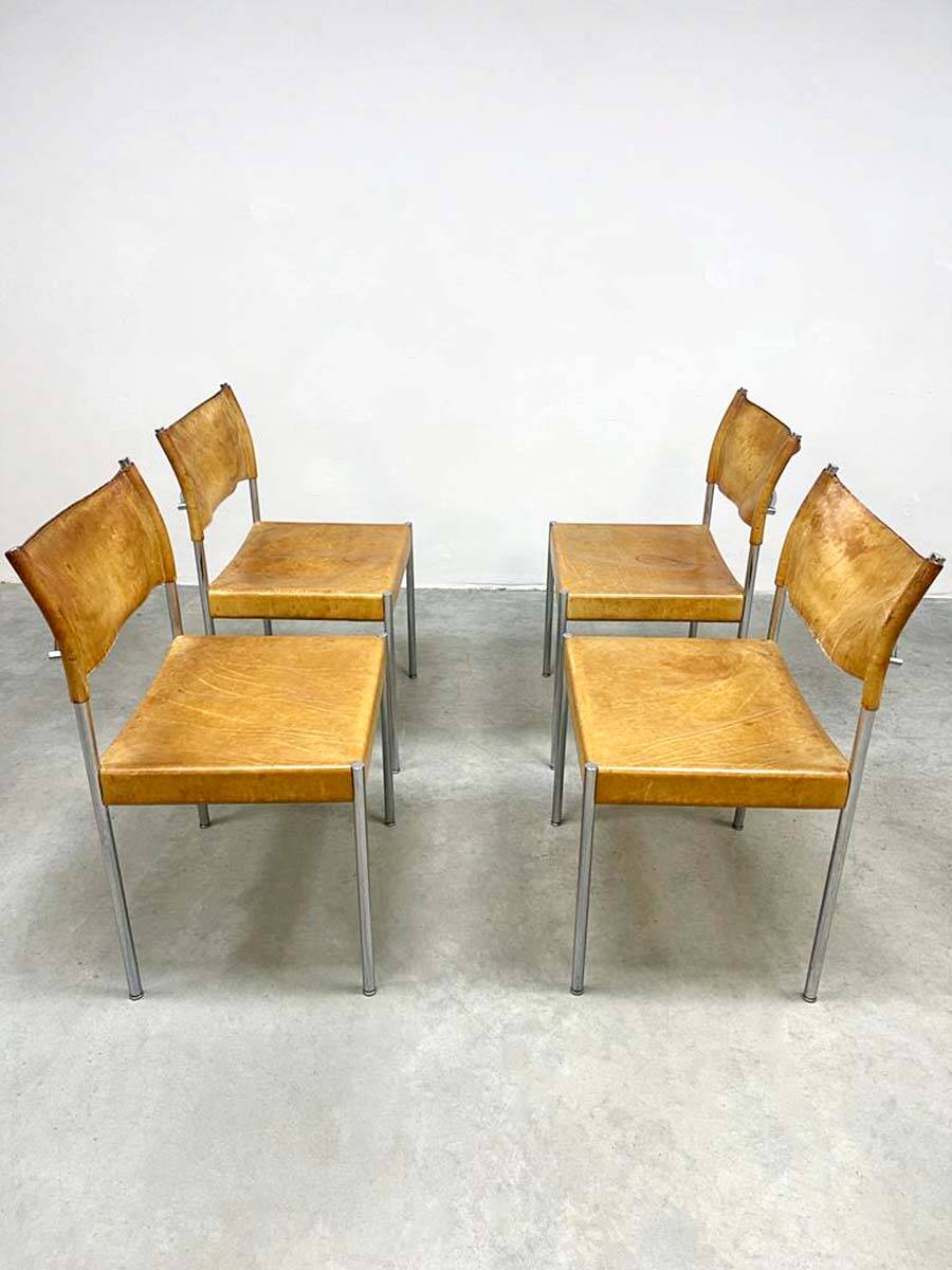 Vintage Dutch design chrome dining set leather chairs 'Minimalism'