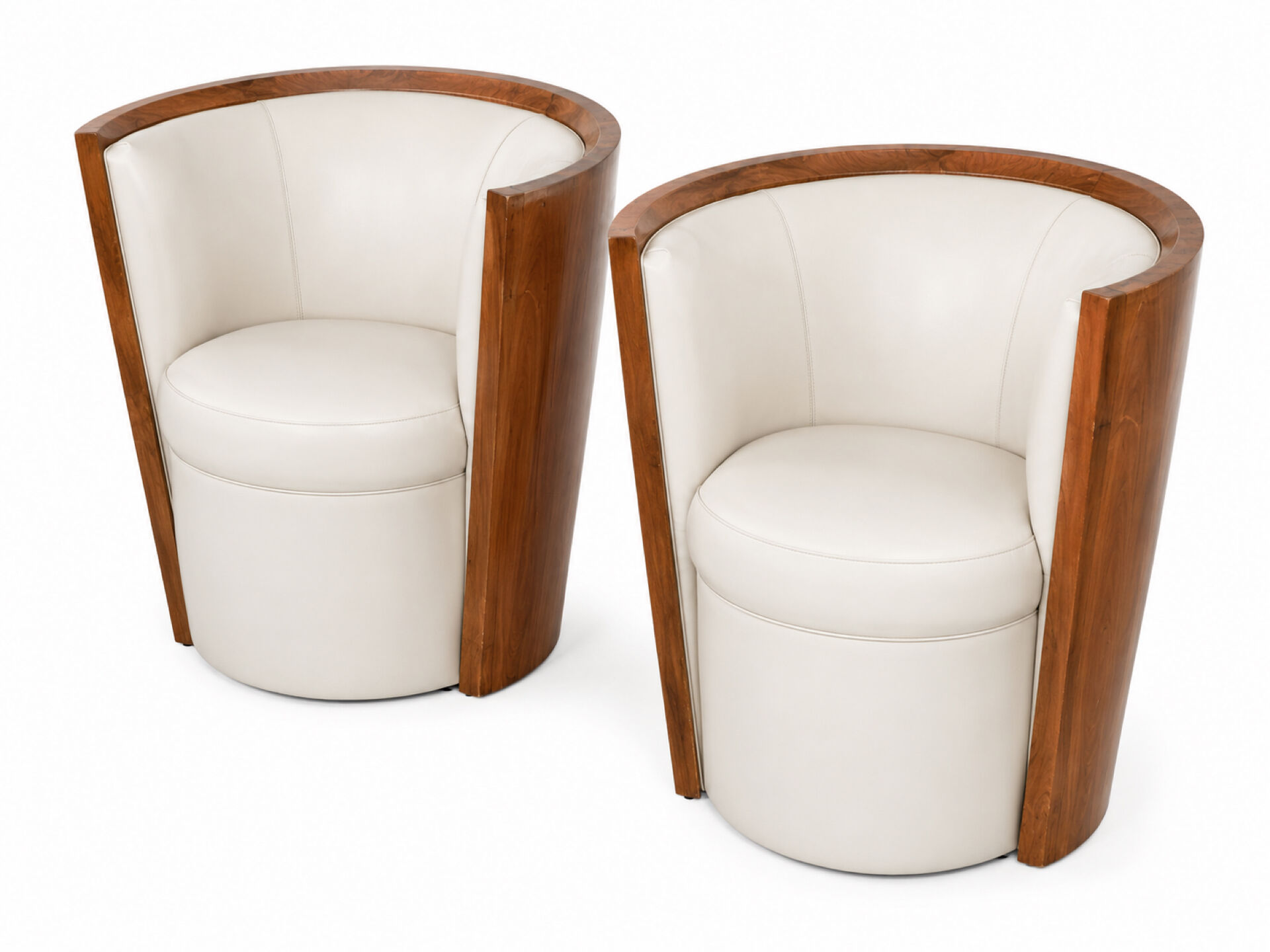 Pair of Art Deco armchairs in cream/white leather and burl veneer.