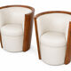 Pair of Art Deco armchairs in cream/white leather and burl veneer.