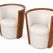 Pair of Art Deco armchairs in cream/white leather and burl veneer.