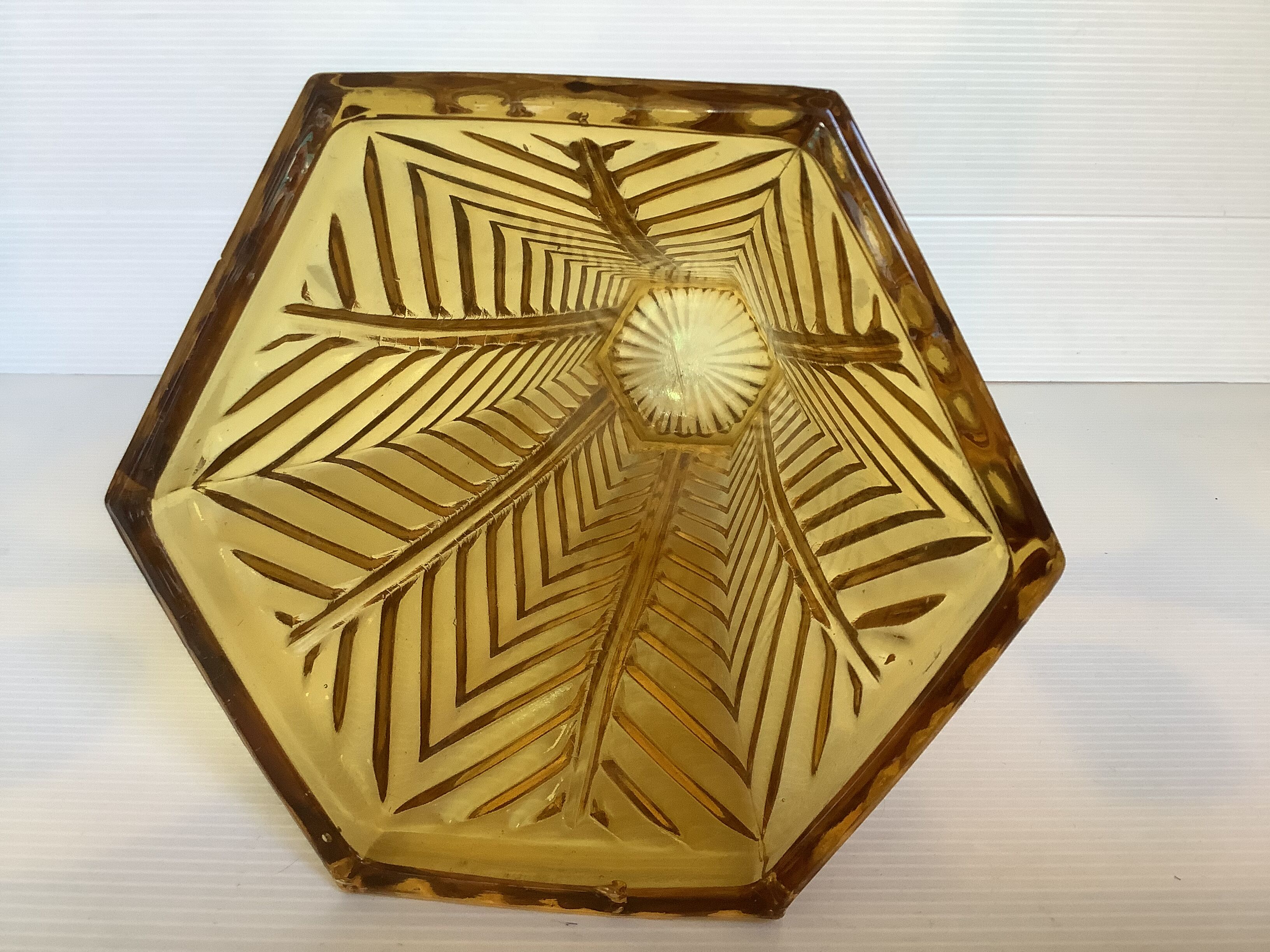 Old yellow molded glass vase chevron pattern