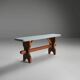 Banc rustique en bois avec plateau bleu, France 1930