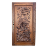 Old carved wooden door panel bas relief hunting scene (oak)
