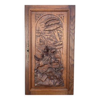 Old carved wooden door panel bas relief hunting scene (oak)