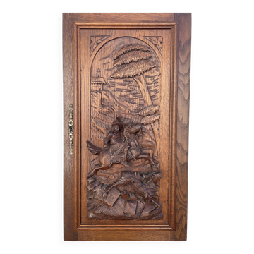 Old carved wooden door panel bas relief hunting scene (oak)