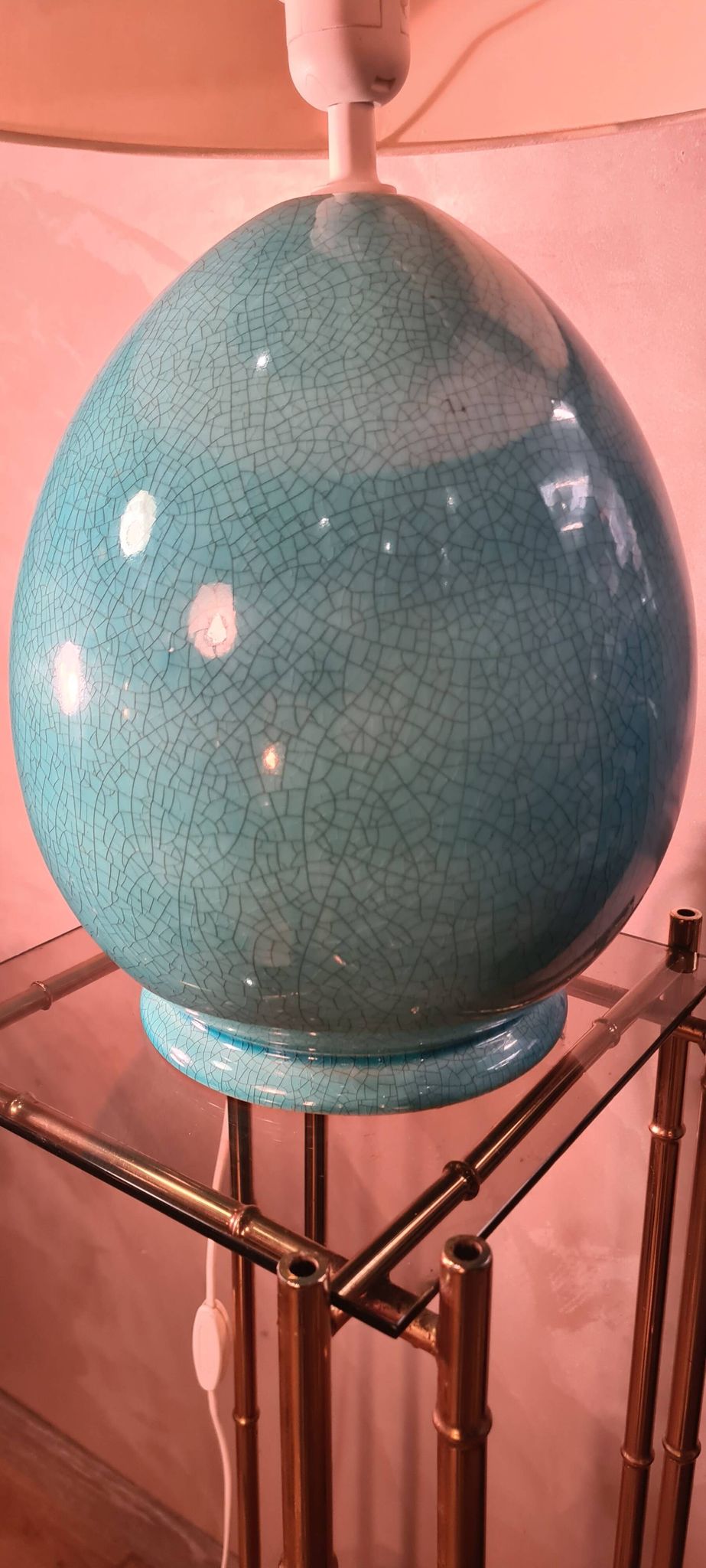 large living room lamp in cracked turquoise blue ceramic 1970 to 80, h53x40 elec ok