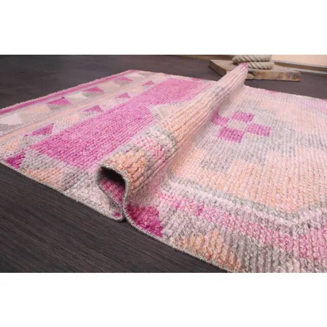 Vintage Turkish Hand-Knotted Wool Cotton Pink Runner Rug 96x365