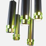 Suspension cascade of aluminum tubes with green glass