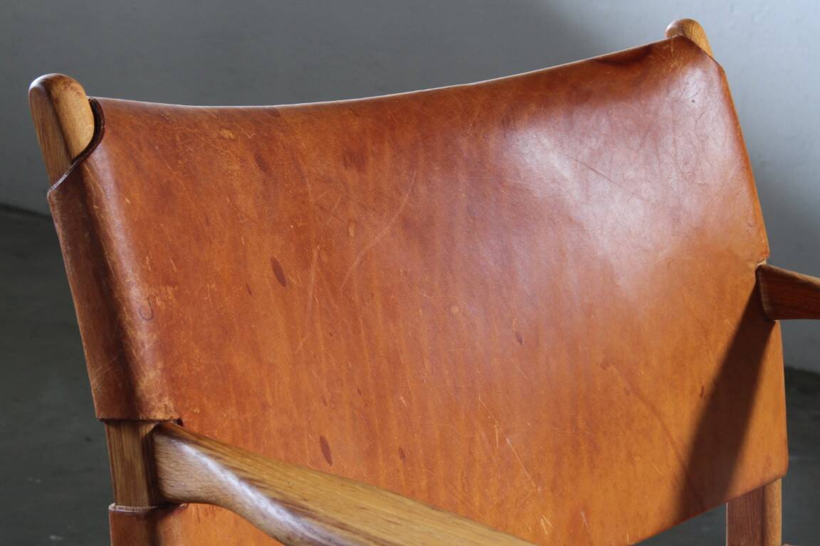 Pair of vintage Per-Olof Scotte "Premier 69" oak armchairs in cognac leather