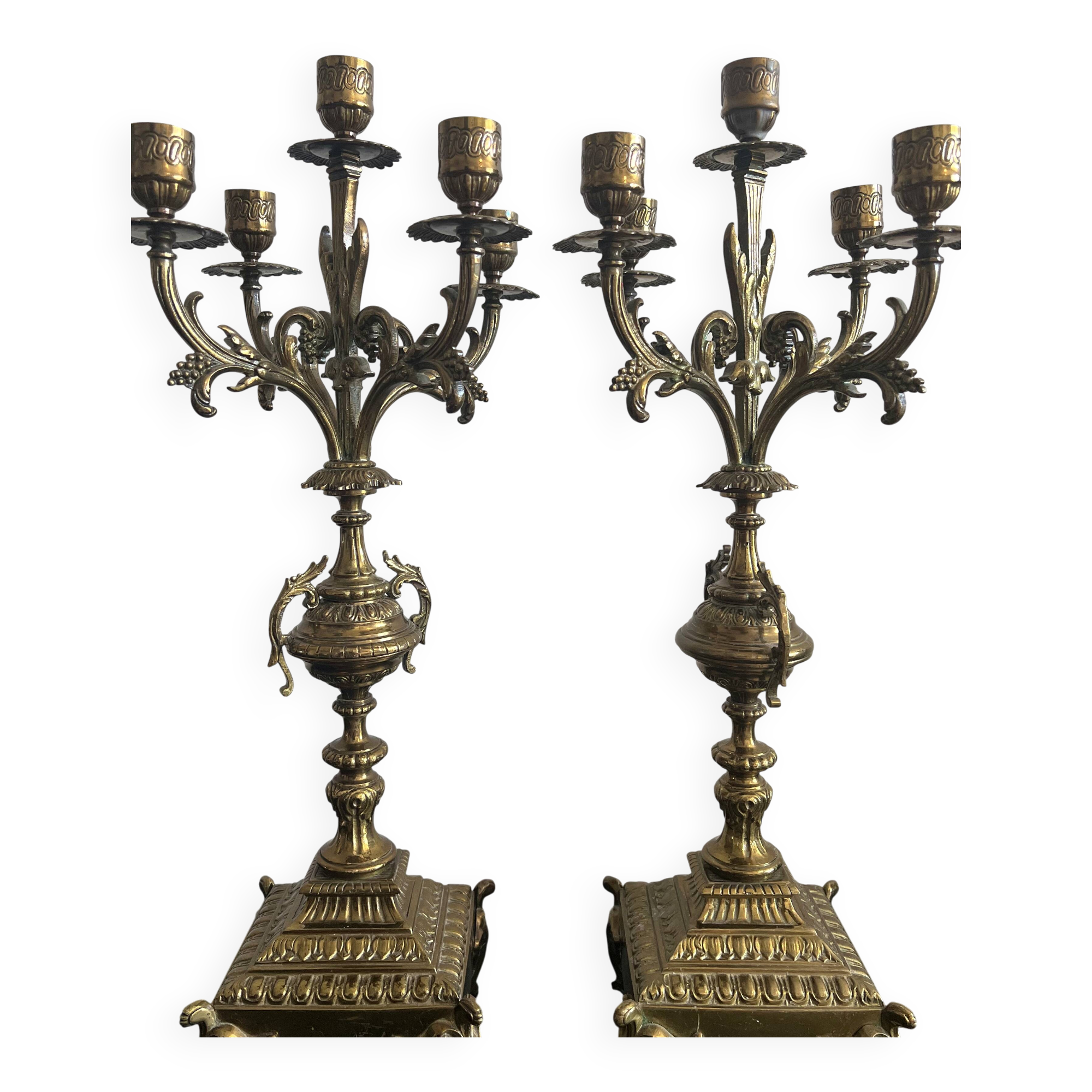 Pair of five-light gilded bronze candelabras, Napoleon III, 19th century.