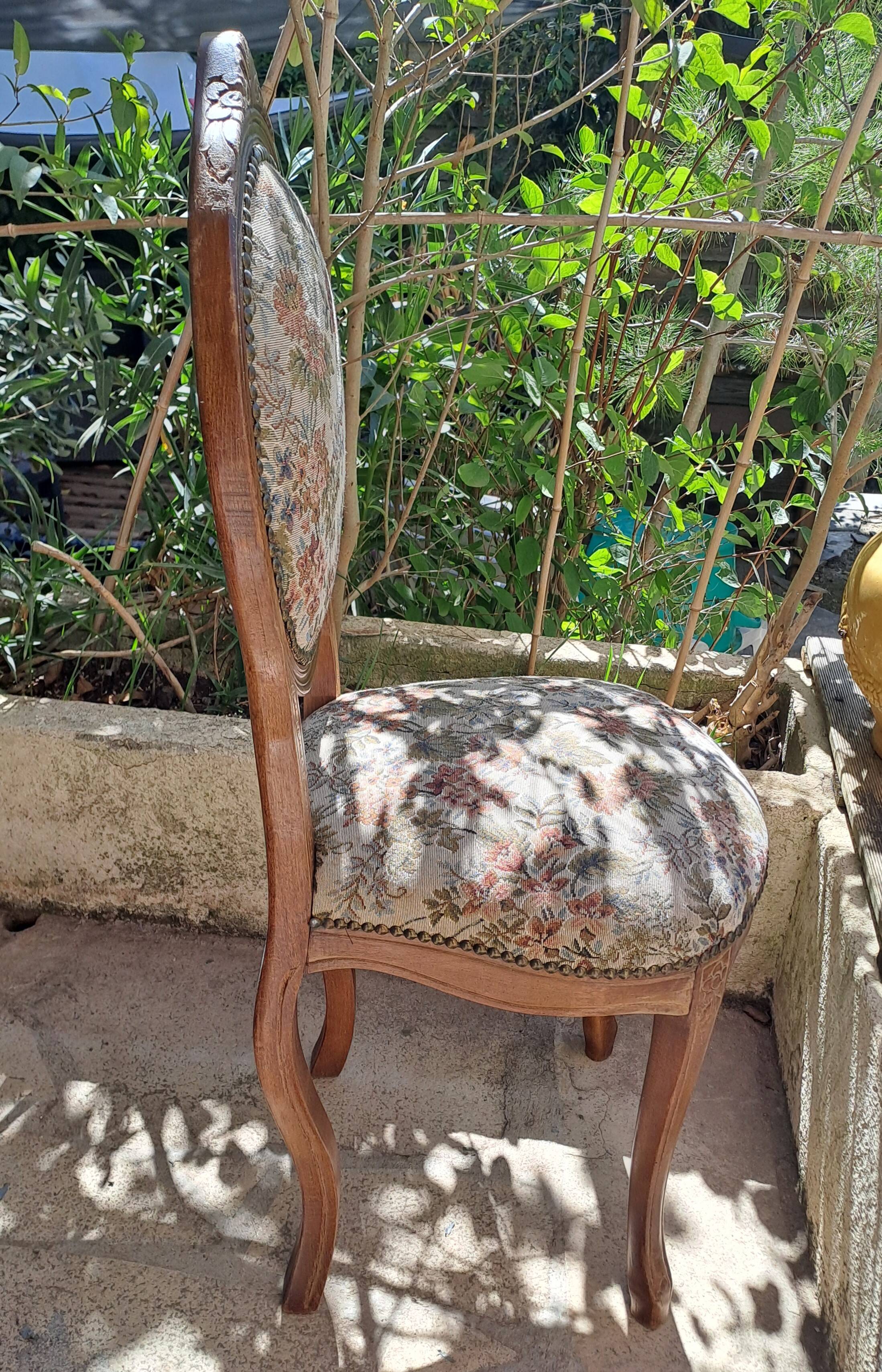 Brown varnished wooden chair 1940 Fabric chair with jacquard seat, upholstery manufacturing