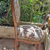 Brown varnished wooden chair 1940 Fabric chair with jacquard seat, upholstery manufacturing