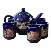 Service à thé japonais vintage bleu cobalt, paons et pivoines, années 1970