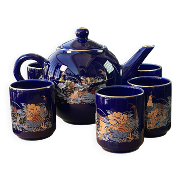Vintage Japanese tea set in cobalt blue, featuring peacocks and peonies, 1970s.