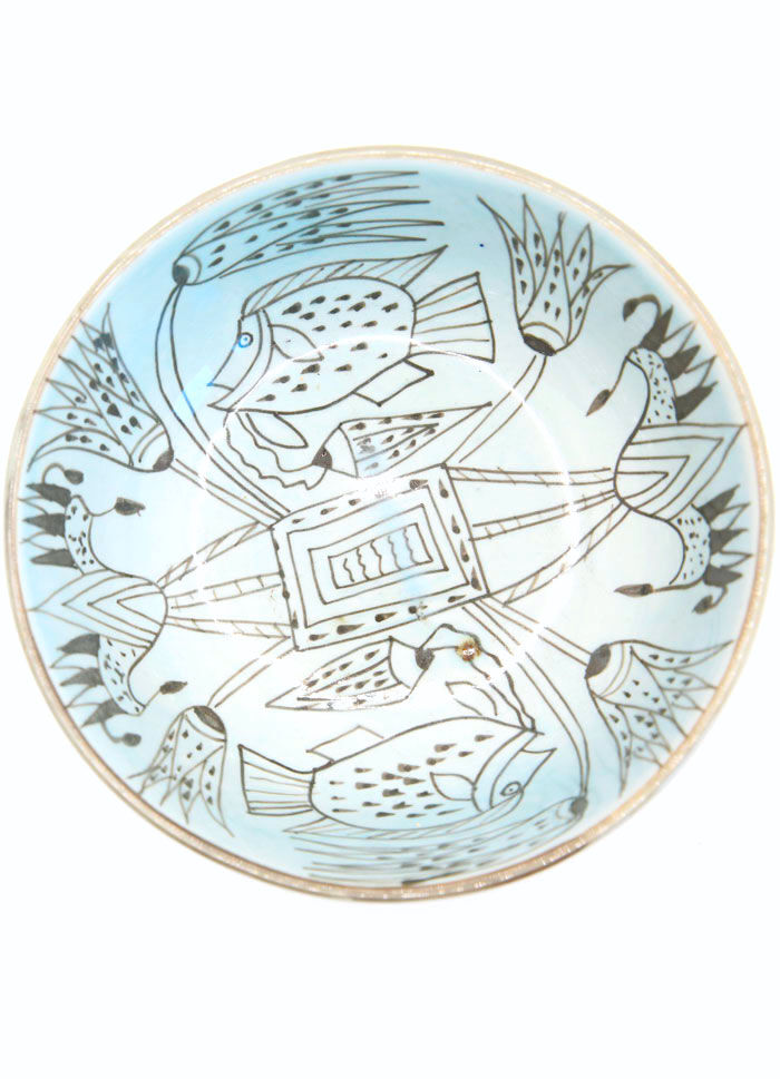 Bowl XXL salad bowl in sky blue earthenware with fish