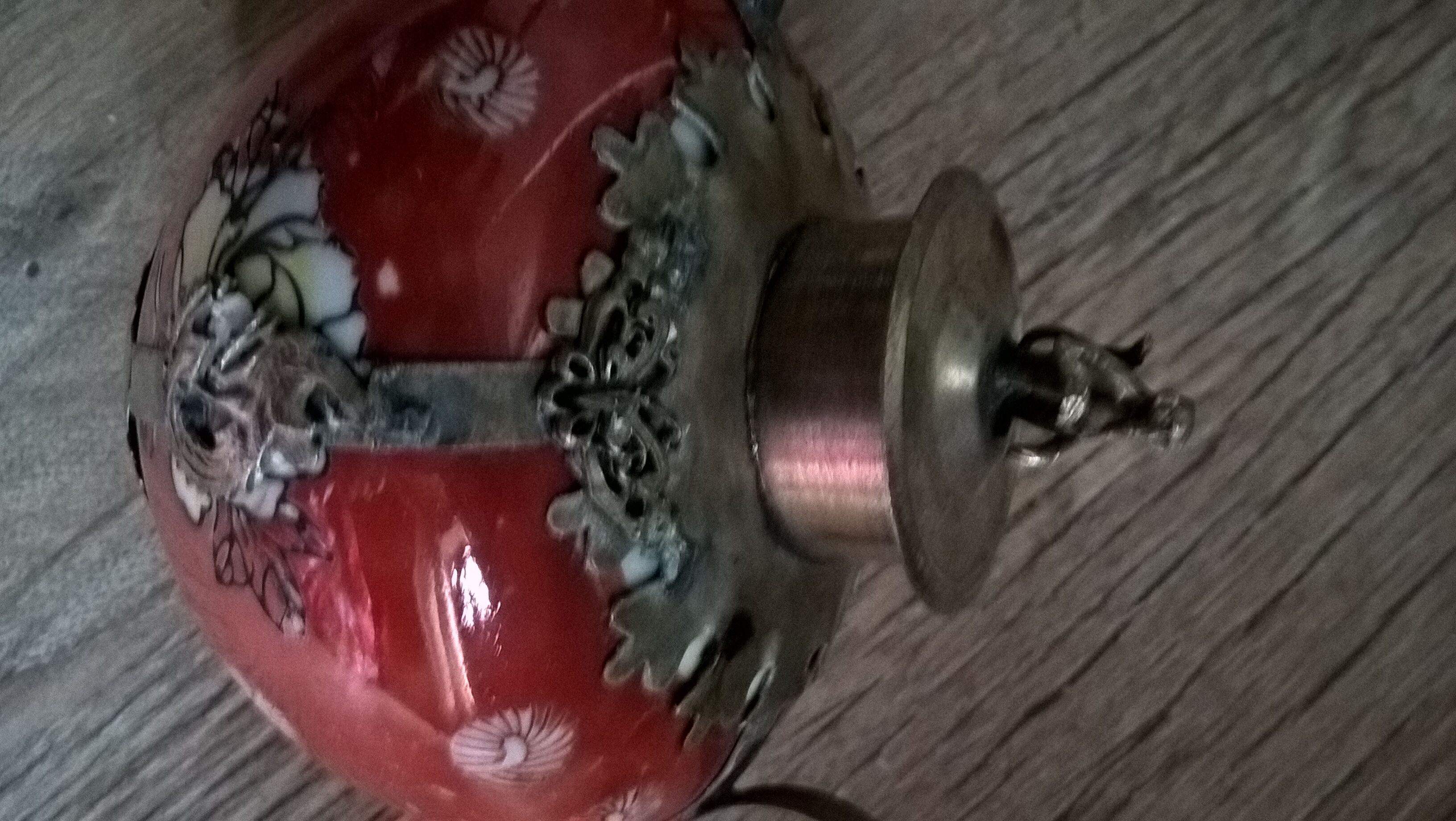 Asian teapot red metal and ceramic