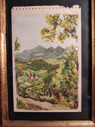 Tableau aquarelle vintage des Pyrénées, signée GD