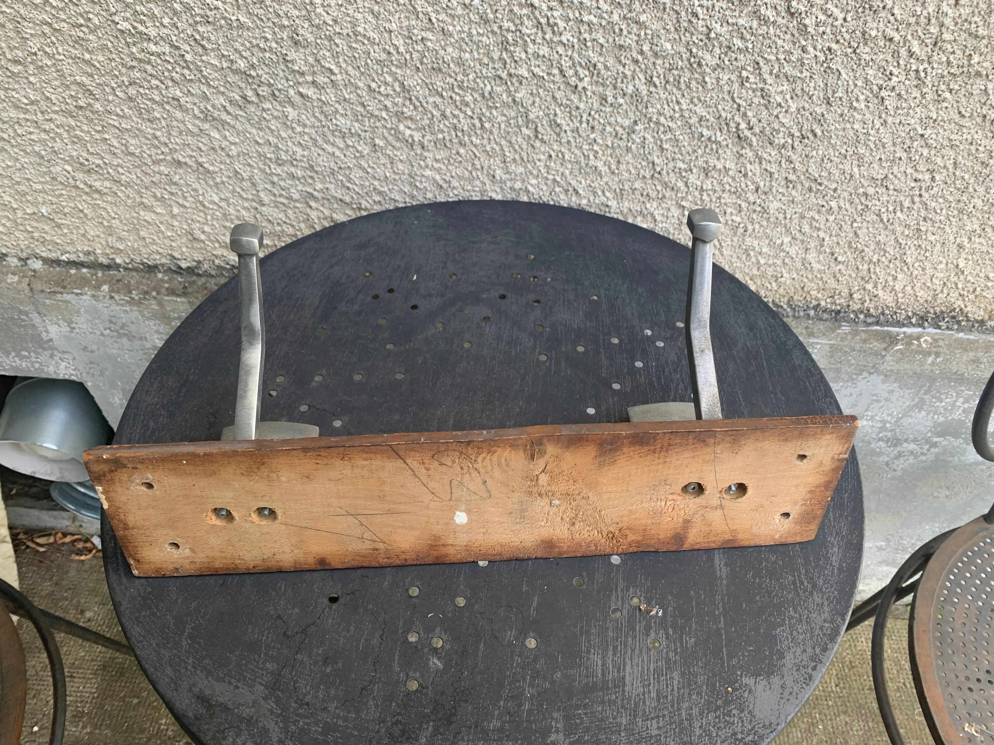 Wall coat rack two old metal hooks on vintage varnished wood