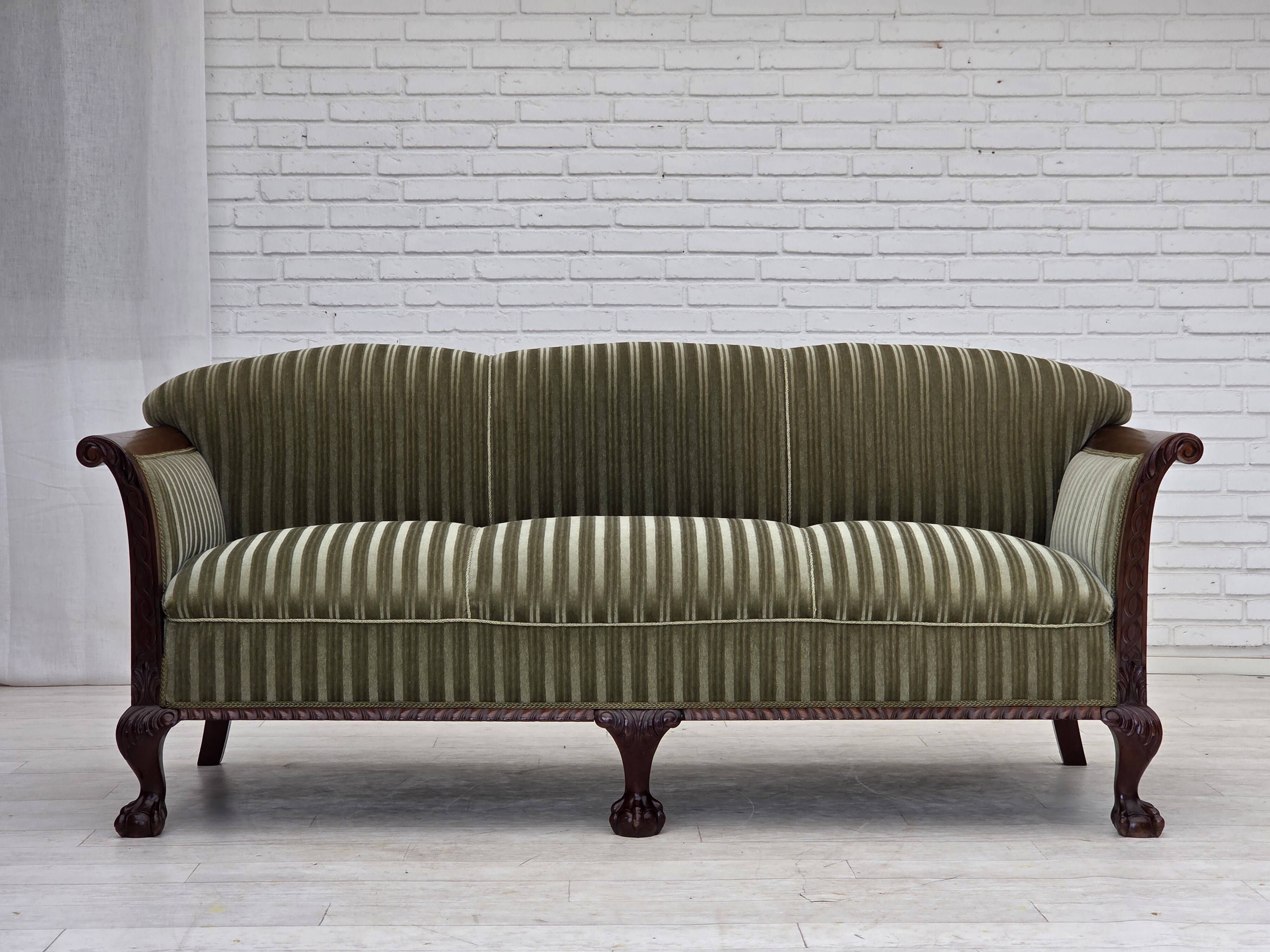 1950s, 3-seater Danish sofa, green furniture velour, teak wood.